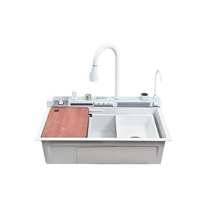 Set chiuveta multifunctionala HAUSBERG HBC-9955AB, otel inoxidabil, baterie dubla, alb, cuva perforata fructe/legume, cuva universala cu dop scurgere, tocator, 750x460x220 mm, accesorii incluse