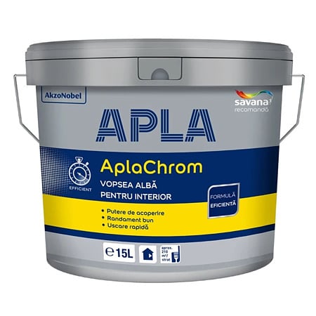 Vopsea lavabila Apla Chrom, alba, pentru interior, 15 L