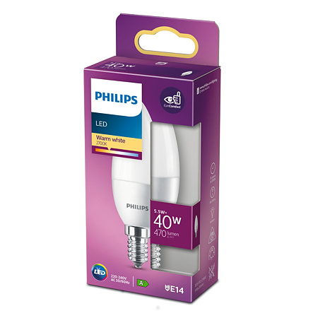 Bec LED lumanare Philips, E14, 5.5 - 40W, alb, lumina calda 2700 K