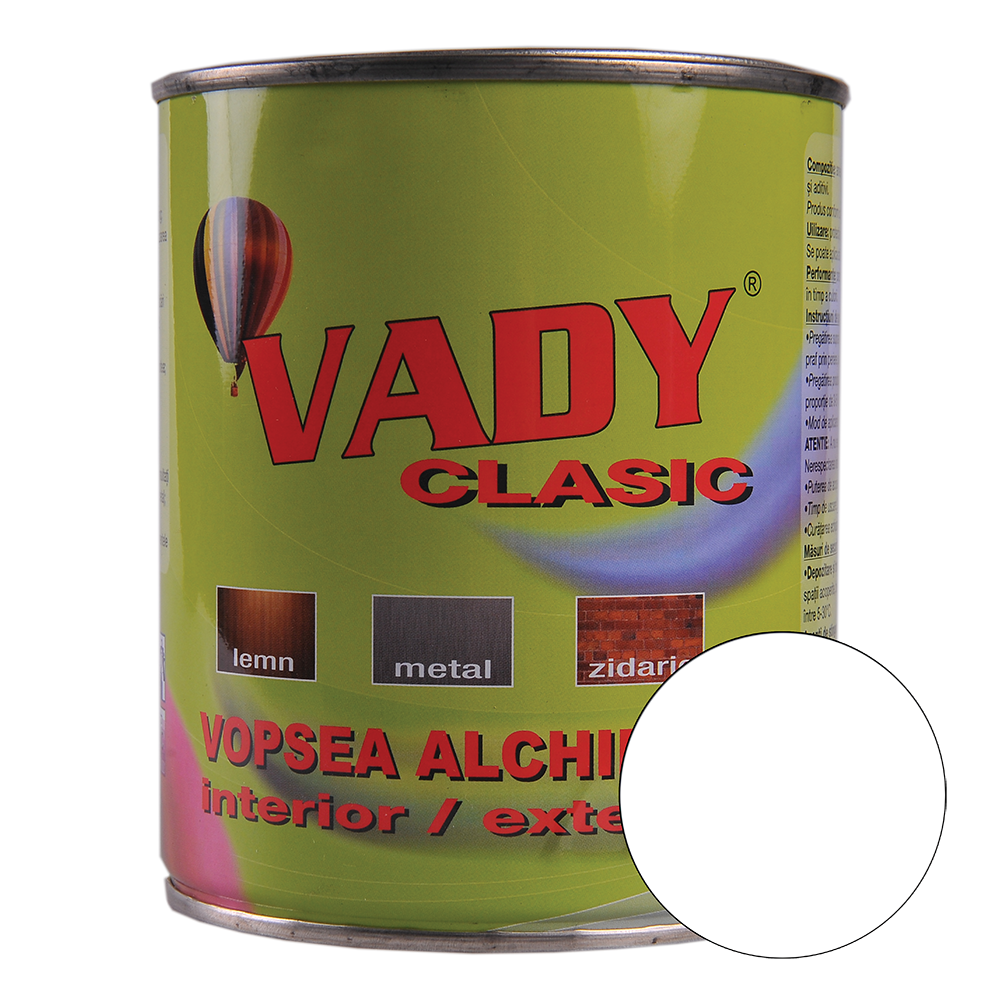 Vopsea alchidica Vady clasic, pentru lemn/metal/zidarie, interior/exterior, alb, 0,6 l 06