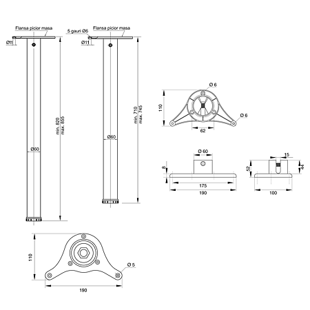 Set picioare de masa Teko, otel, nichel periat, cilindric, 4 bucati, diametru 60 mm, H 710 mm