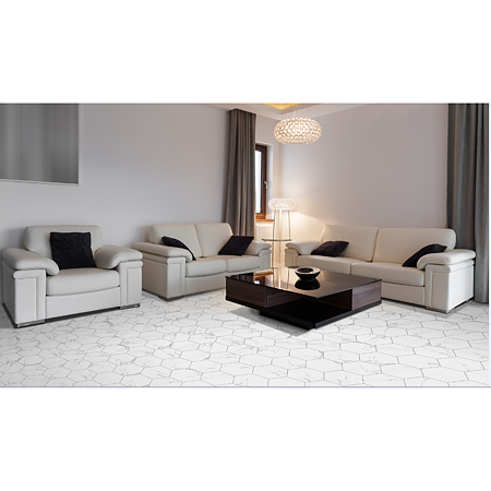 Gresie interior/ exterior Dortmund, mat, alb, marmura, hexagonala, 22.5 x 25.9 cm Gresie interior/ exterior Dortmund, mat, alb, marmura, hexagonala, 22.5 x 25.9 cm