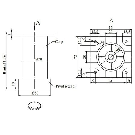 Picior pentru mobilier, plastic, negru, diametru 50 mm, inaltimea 50 mm
