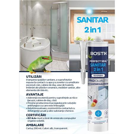 Silicon sanitar 2 in 1, transparent, Bostik Perfect Seal, pentru rosturi sanitare si spatii alimentare, 280 ml 