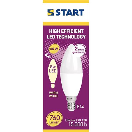 Bec LED C35, lumanare, E14, 8 W, lumina calda 3000 K