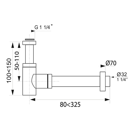 Sifon lavoar Wirquin Lineis Mini, rigid, fara ventil, alama, alb, debit 40l/min, Ø 1''1/4 x 32mm