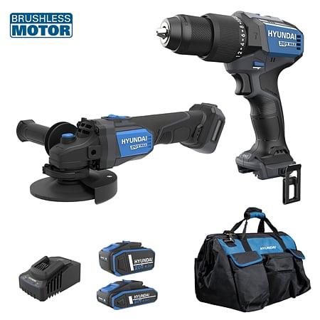 Set Masina de gaurit si insurubat cu percutie Hyundai HD20X-60TT + Polizor unghiular brushless Hyundai Solo AG20X-125, 1 acumulator 20V 4Ah, 1 acumulator 20V 2Ah, incarcator, geanta transport