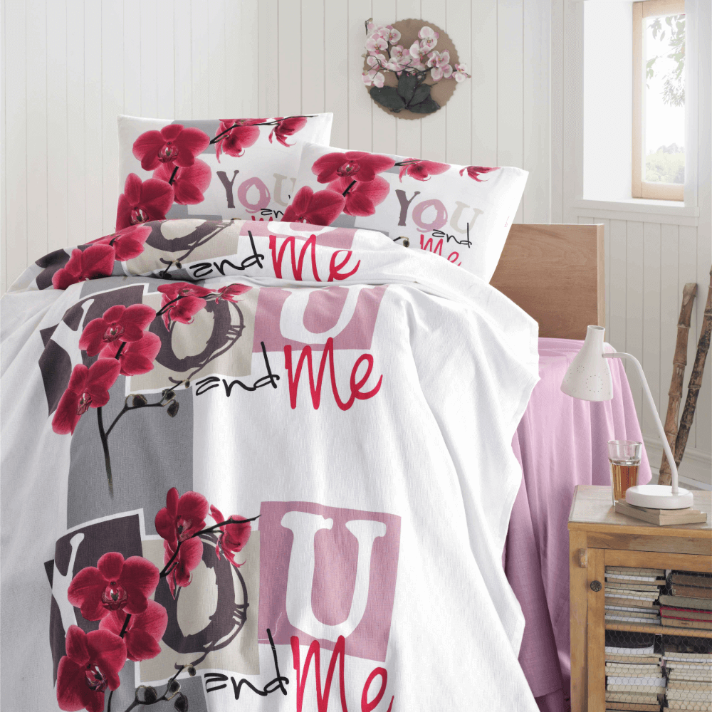 Lenjerie de pat Forever Pembe Pike Miss Mina, 2 persoane, bumbac, 4 piese, imprimeu rosu + alb alb