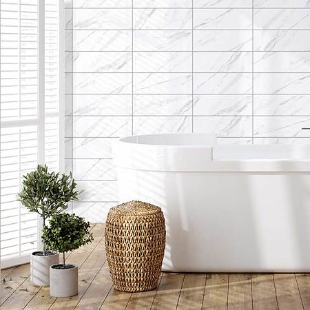 Faianta baie Carrara Bevelled Glossy, alb, lucios, aspect de marmura, 30 x 10 cm