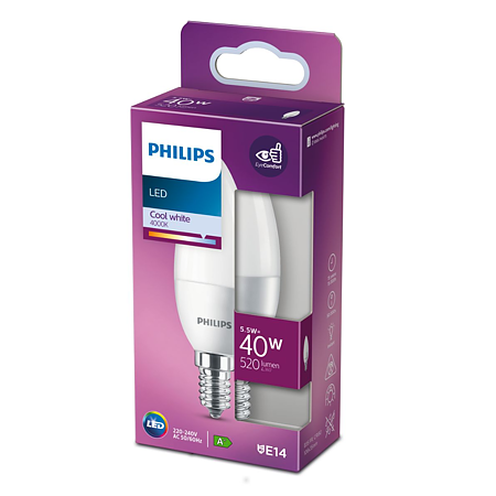 Bec LED lumanare Philips, E14, 5.5 - 40W, alb, lumina rece 4000 K