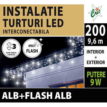 Instalatie decorativa Craciun, Cris, 200 LED-uri alb cu flash alb, 9,6 m, interior / exterior, alimentare la retea