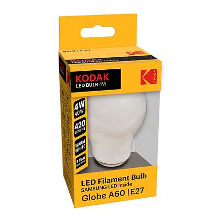 Bec LED Kodak A60, rotund, E27, 4 W, 600 lm, lumina calda 2700-3000K