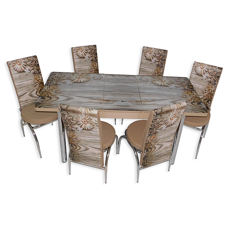 Set masa extensibila cu 6 scaune Arta Table Fulg de nea, pal melaminat + piele ecologica, crem +maro, 169 x 80 cm
