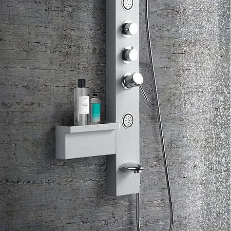 Panel de dus Ibiza DG9042, cu hidromasaj, etajera, 1 dispersor fix, 1 dispersor mobil, material corp ABS, argintiu, finisaj mat si cromat, 37,5 x 52 x 135,7 cm