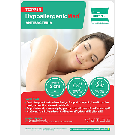 Topper saltea 90 x 200 x 5 cm Minet Hypoallergenic Med, ortopedic, antialergenic, husa lavabila