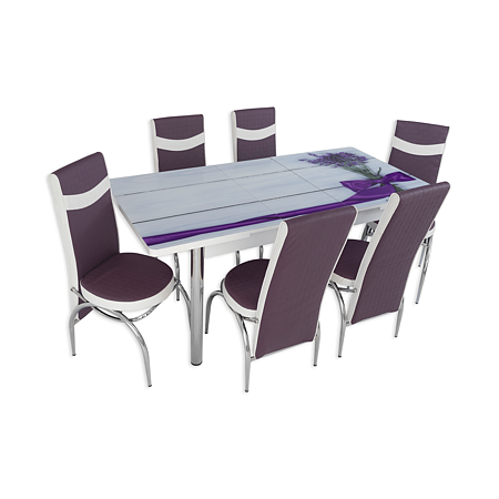 Set masa extensibila cu 6 scaune Arta Table Lavanda, pal melaminat + piele ecologica, violet + alb, 169 x 80 cm
