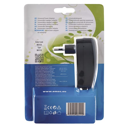 Adaptor incarcator universal Emos, 7 mufe, 2250 ma, 2 A/10 W, iesire USB, negru