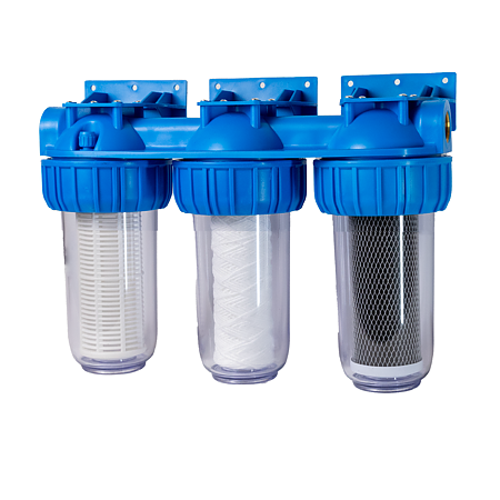 Filtru triplex de apa, carbune + polipropilena + sita, 7" cu 1" in linie