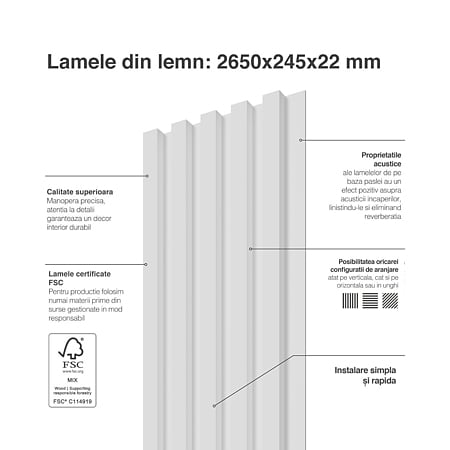 Panou decorativ Linea Select, 5 lamele, MDF, alb uni, interior, suport placaj alb, 265 x 24.5 x 1.9 cm