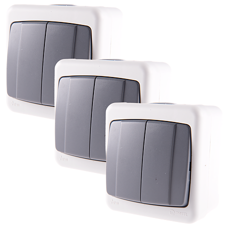 Intrerupator dublu, Makel 37064003, montaj aparent IP 44, gri