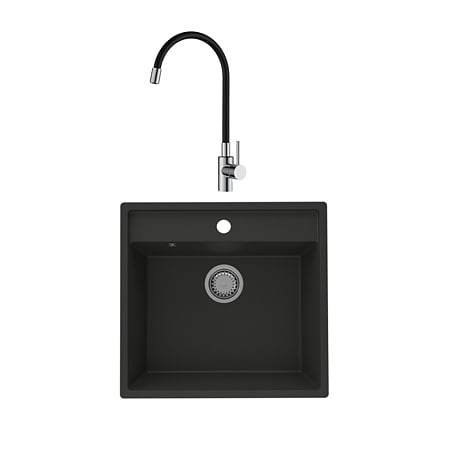 Chiuveta de bucatarie SanDonna Selena, granit compozit, negru cu baterie flexibila Lola, negru-crom, 53 x 50 cm cm