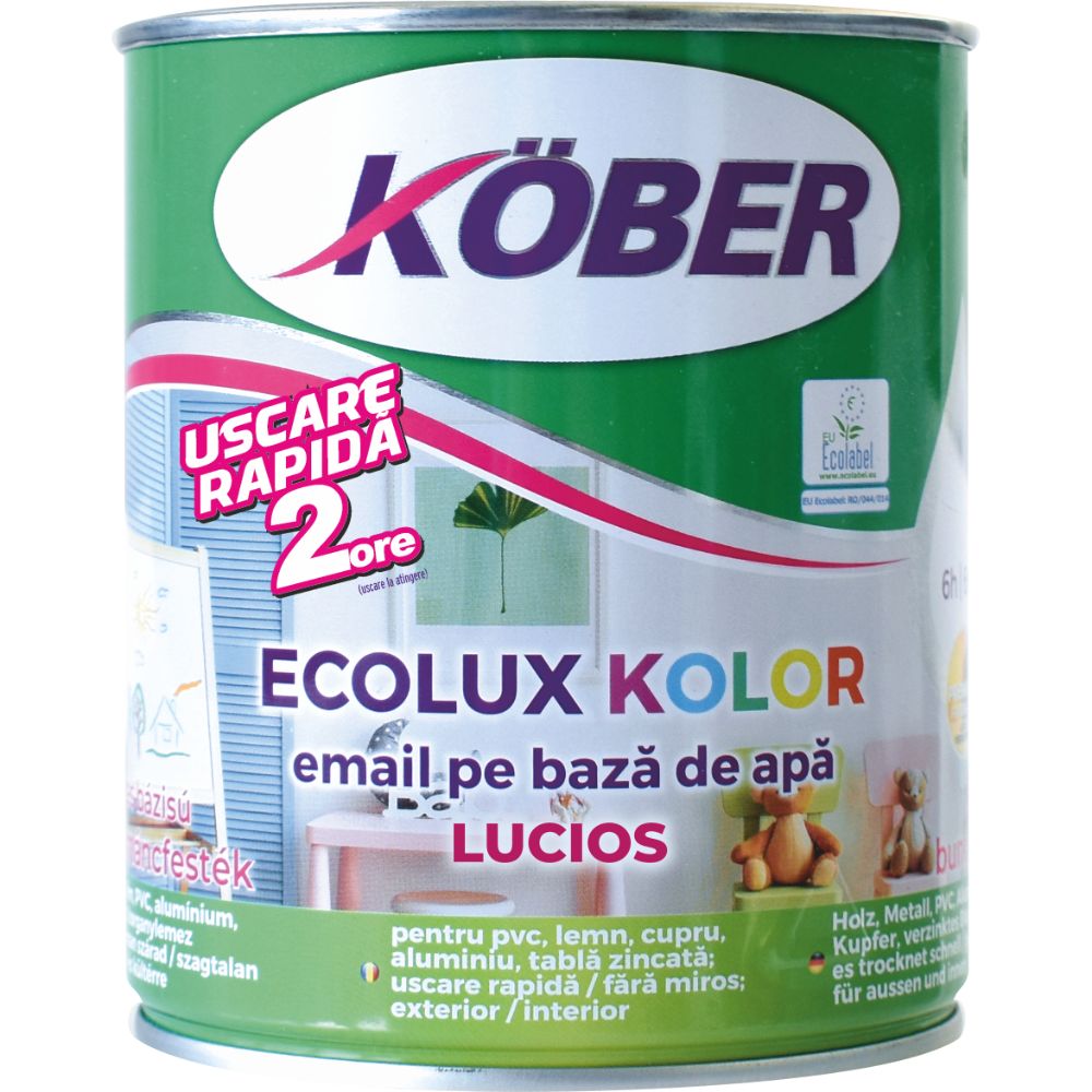 Email Kober Ecolux Kolor, pentru lemn/metal, interior/exterior, pe baza de apa, bej lucios, 0.6 l 0.6
