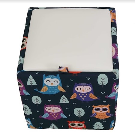 Taburet Box piele ecologica, microfibra, albastru/alb, cu depozitare, 37 x 37 x 42 cm