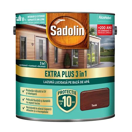 Lazura lucioasa pentru lemn Sadolin Extra Plus 3 in 1, interior/exterior, teak, 2.5 l