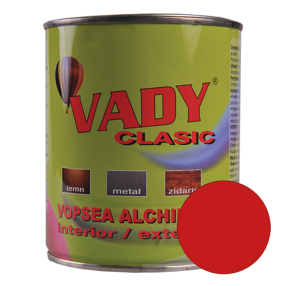  Vopsea alchidica Vady clasic, pentru lemn/metal/zidarie, interior/exterior, rosu, 0,6 l