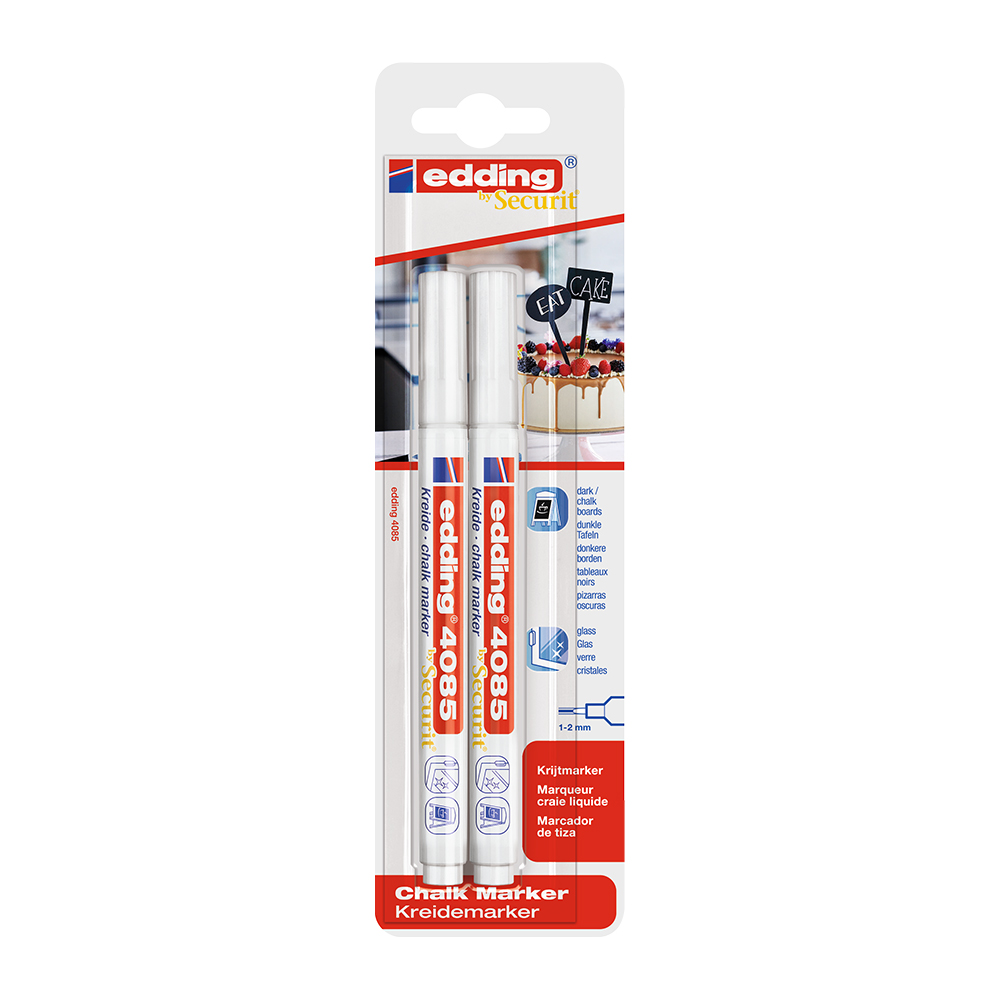 Marker Edding 4085, pentru suprafete din sticla, varf 1-2 mm, 2 buc, alb