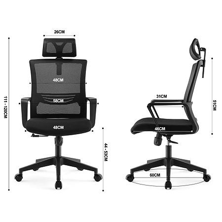 Set 2 scaune de birou ergonomice negru Depozitul de scaune Paris-H, tapiterie mesh-textil, rotativ, reglabil pe inaltime, 58 x 61 x 110 - 120 cm