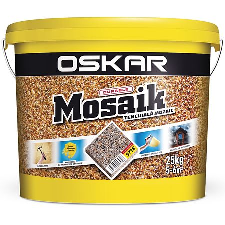 Tencuiala decorativa mozaicata Oskar Mosaik, granulatie 1.2-1.8 mm, interior/exterior, piatra colorata 9718, 25 kg