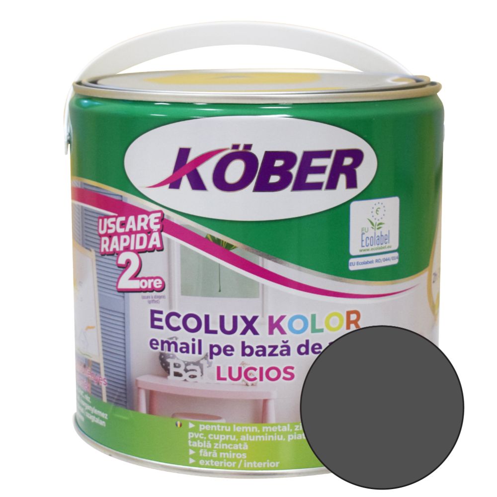 Email Kober Ecolux, pentru lemn/metal, interior/exterior, pe baza de apa, lucios, gri, 2.5 l 2.5