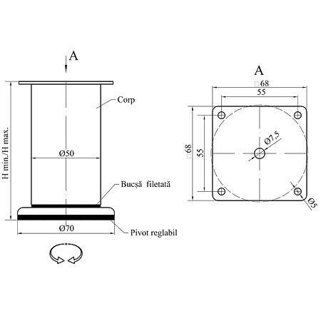 Picior rotund crom CL004 D50 x 200 mm