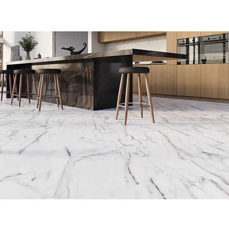 Pardoseala SPC 5 mm Korner SPeCtra Floor Bianco Marble 01F, clasa de trafic 34, rezistenta la apa, decor marmura, alb, 1205 x 606 mm