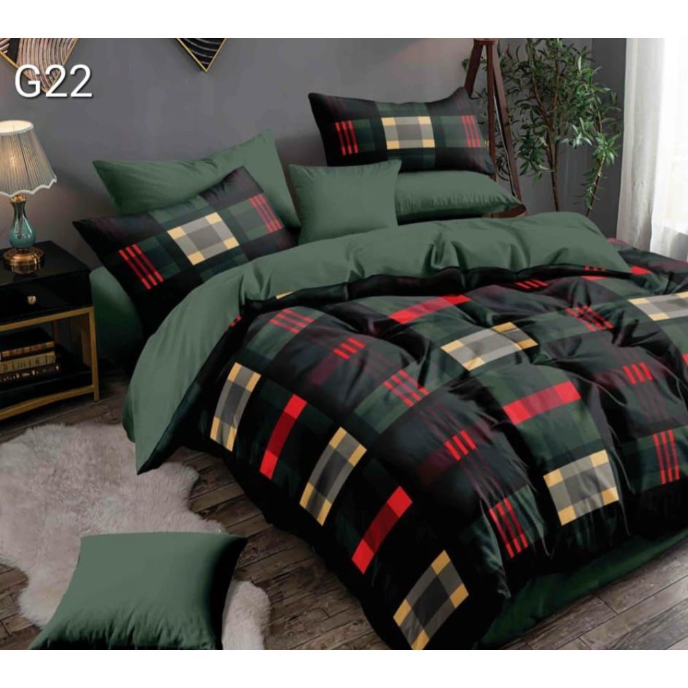 Lenjerie de pat, 2 persoane, Poly G22, microfibra 100%, 4 piese, negru-verde, model carouri 100