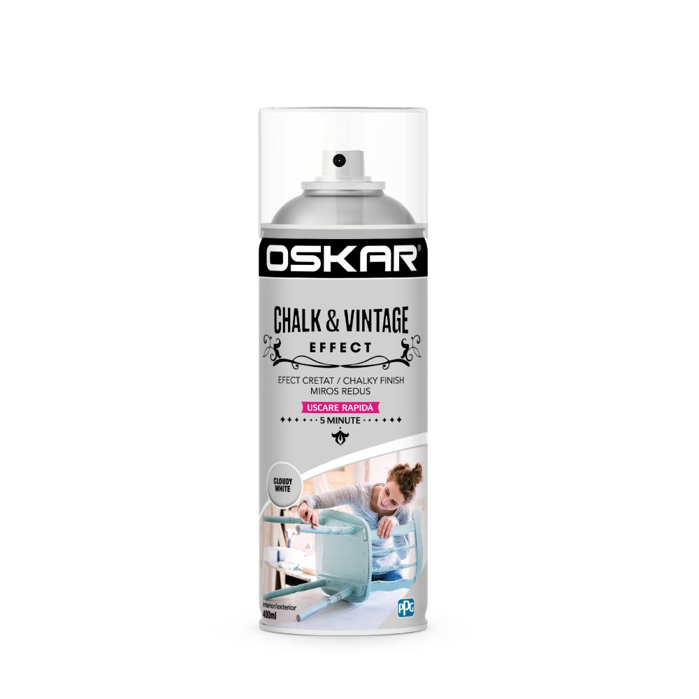 Vopsea spray pentru lemn / metal chalk & vintage efect Oskar, cloudy white, mat, interior/exterior, 400 ml 400