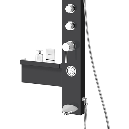 Panel de dus Ibiza DG9042, cu hidromasaj, etajera, 1 dispersor fix, 1 dispersor mobil, material corp ABS, negru, finisaj mat si cromat, 37,5 x 52 x 135,7 cm