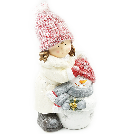 Decoratiune pentru Craciun, fetita cu om de zapada, ceramica, alb + argintiu, 42 cm