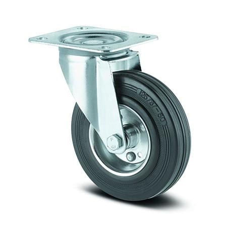 Rola pivotanta cu placa, cauciuc plin negru, diametru roata 100 x 30 mm, inaltime totala 128mm 70 kg