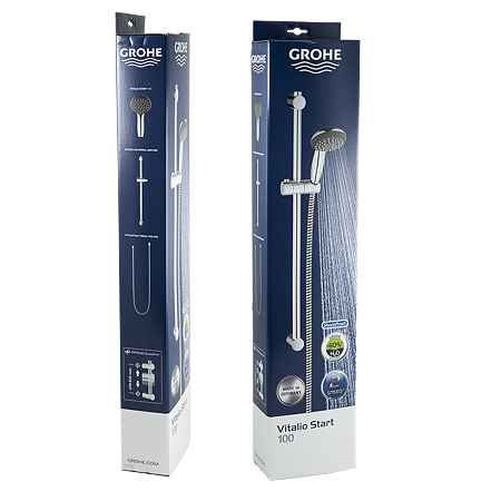 Set de dus Grohe Vitalio Start, cu sistem anti-calcar, crom, bara perete 60 cm, 2 jeturi, furtun 175 cm