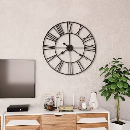 Ceas de perete, rotund, design modern, metal, negru, diametru de 57 cm
