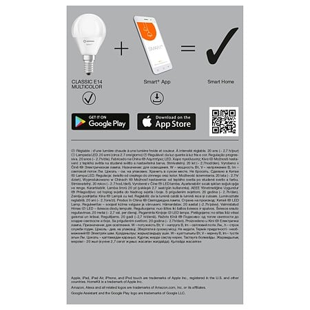 Bec LED Osram SMART + WIFI RGBW, forma standard, E14, 4.9 W, 1055 lm, lumina variabila 2700 - 6500 K
