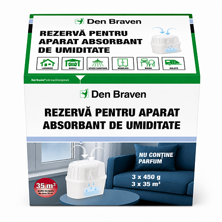 Set rezerve aparat absorbant umiditate Den Braven , interior, fara parfum, 3 x 450 g