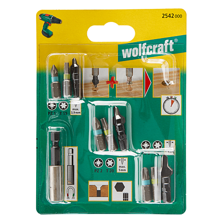 Set biti si zencuitoare Wolfcraft 2542000, D 8, 10, 12 mm, adaptor bit, cu magnet