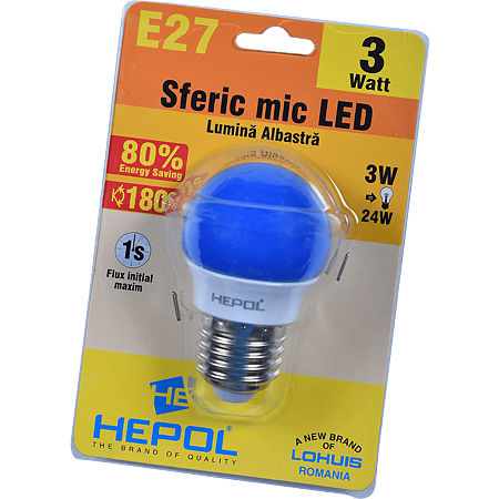 Bec LED Hepol, sferic, E27, 3W, lumina albastra