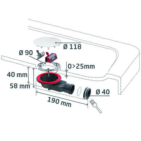 Sifon cadita dus Wirquin Slim Plus D90 H40, rigid, cu membrana de silicon antimiros, ventil crom lucios, Ø40 mm