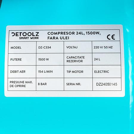 Compresor Detoolz 24L fara ulei, 1500 W, debit 154L/min, 8 bar, 2 prize de aer