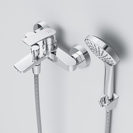  Set 3 in 1 AM.PM Pride F4097C01, baterie monocomanda pentru lavoar + baterie pentru cada si dus + set de dus cu para si furtun de 150 cm si suport fiabil, finisaj cromat Everlast