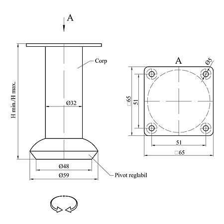 Picior rotund crom TL024 D32 x 50 mm